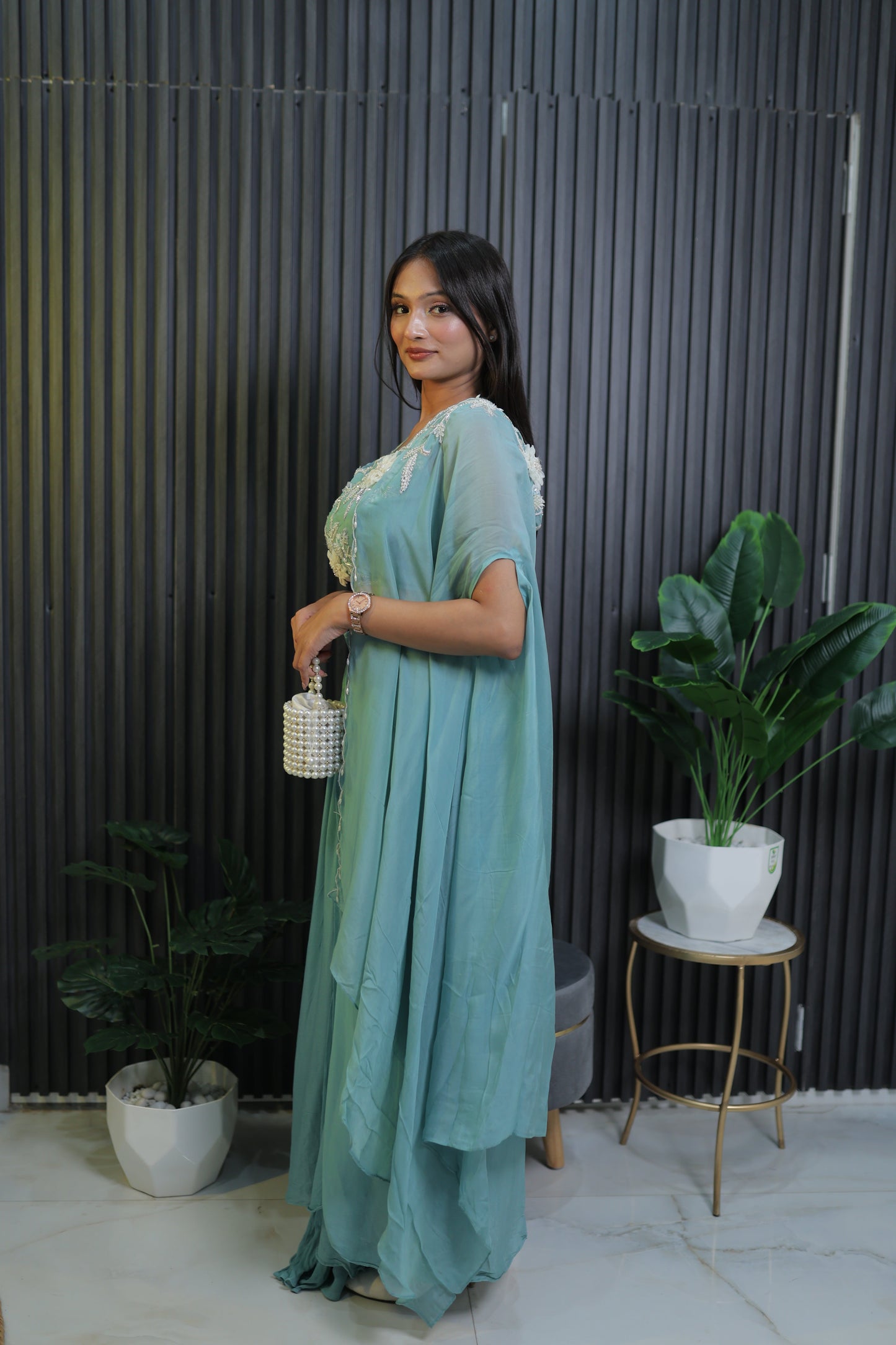 Elegant Teal Blue Embroidered Sharara Set