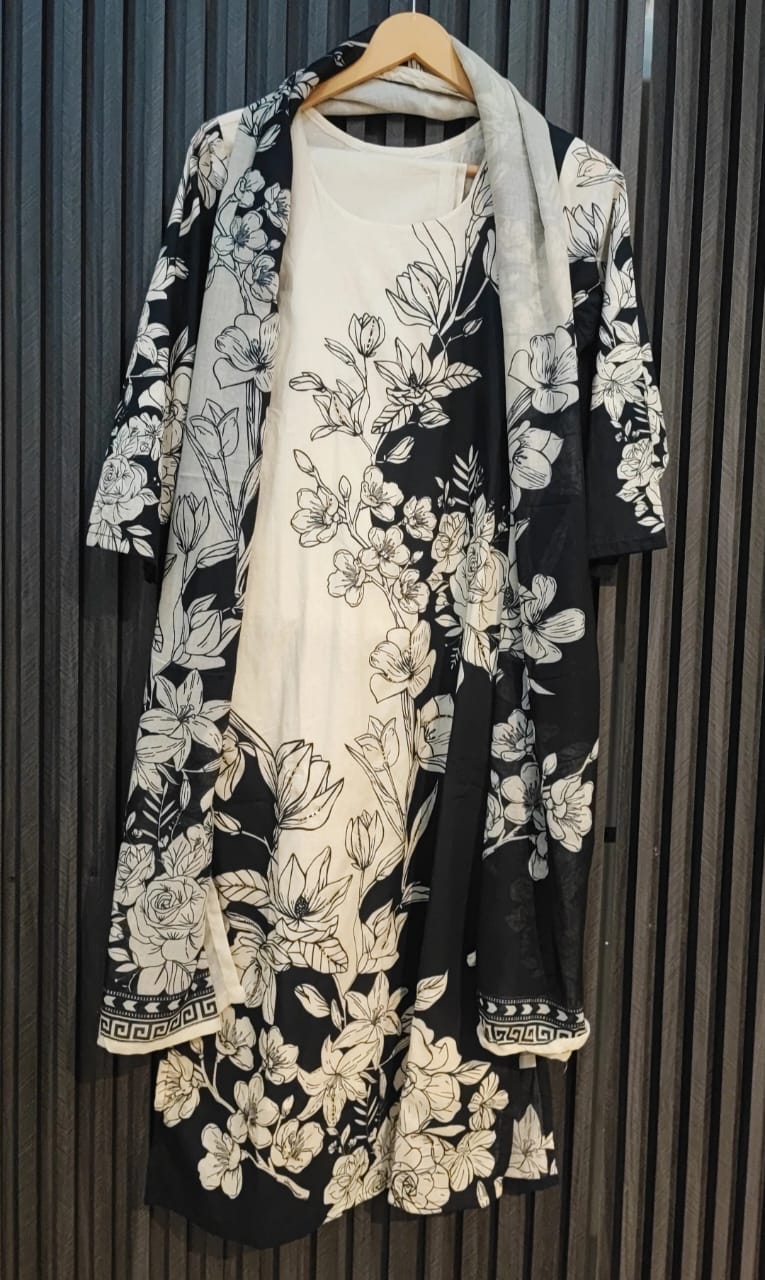 Ivory & Black Floral Kurta Set with Printed Dupatta