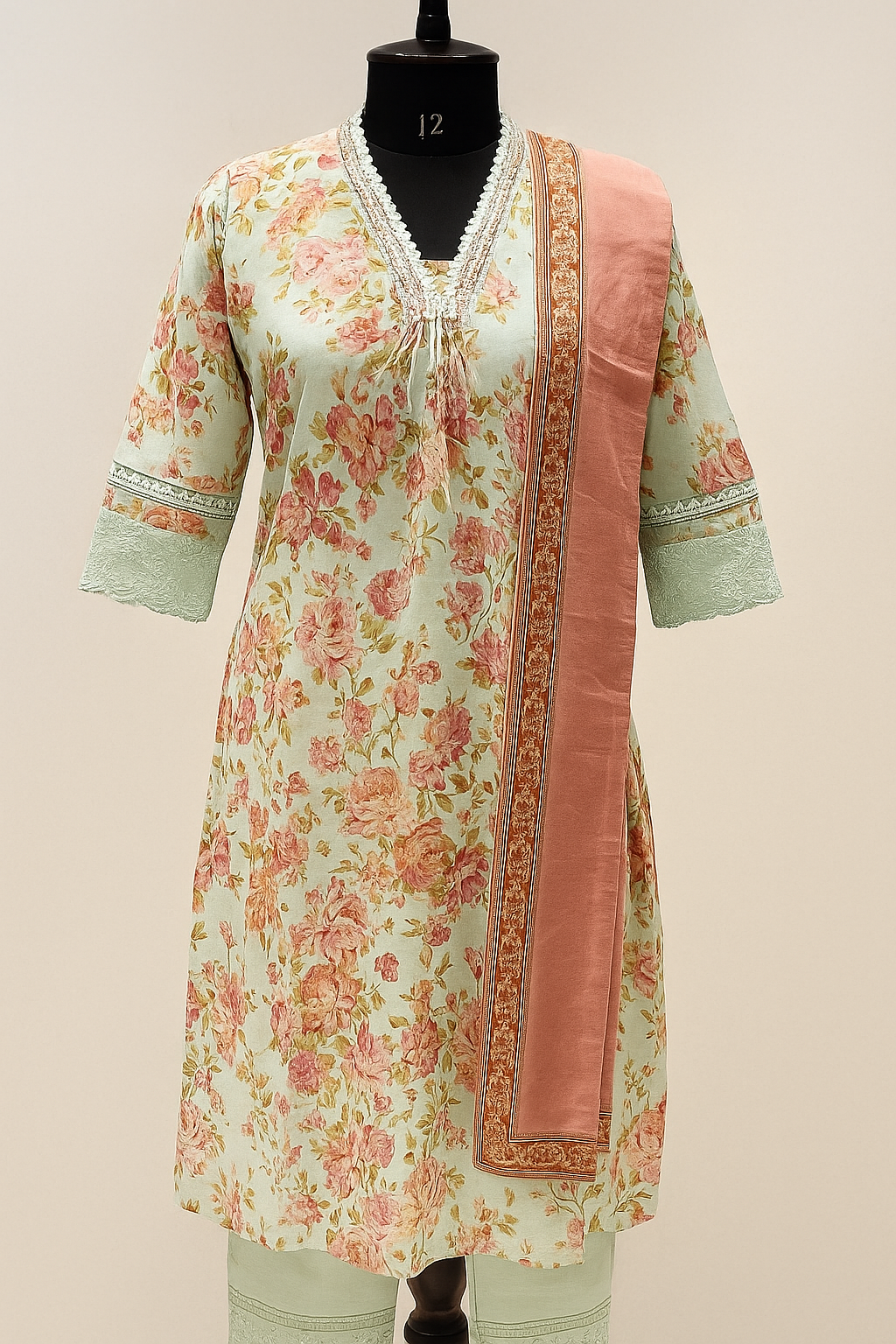 Pastel Green Floral Kurta Set with Peach Dupatta