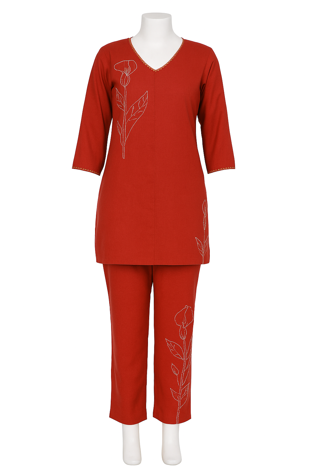 Elegant Red Floral Embroidered Cotton Co-Ord Set