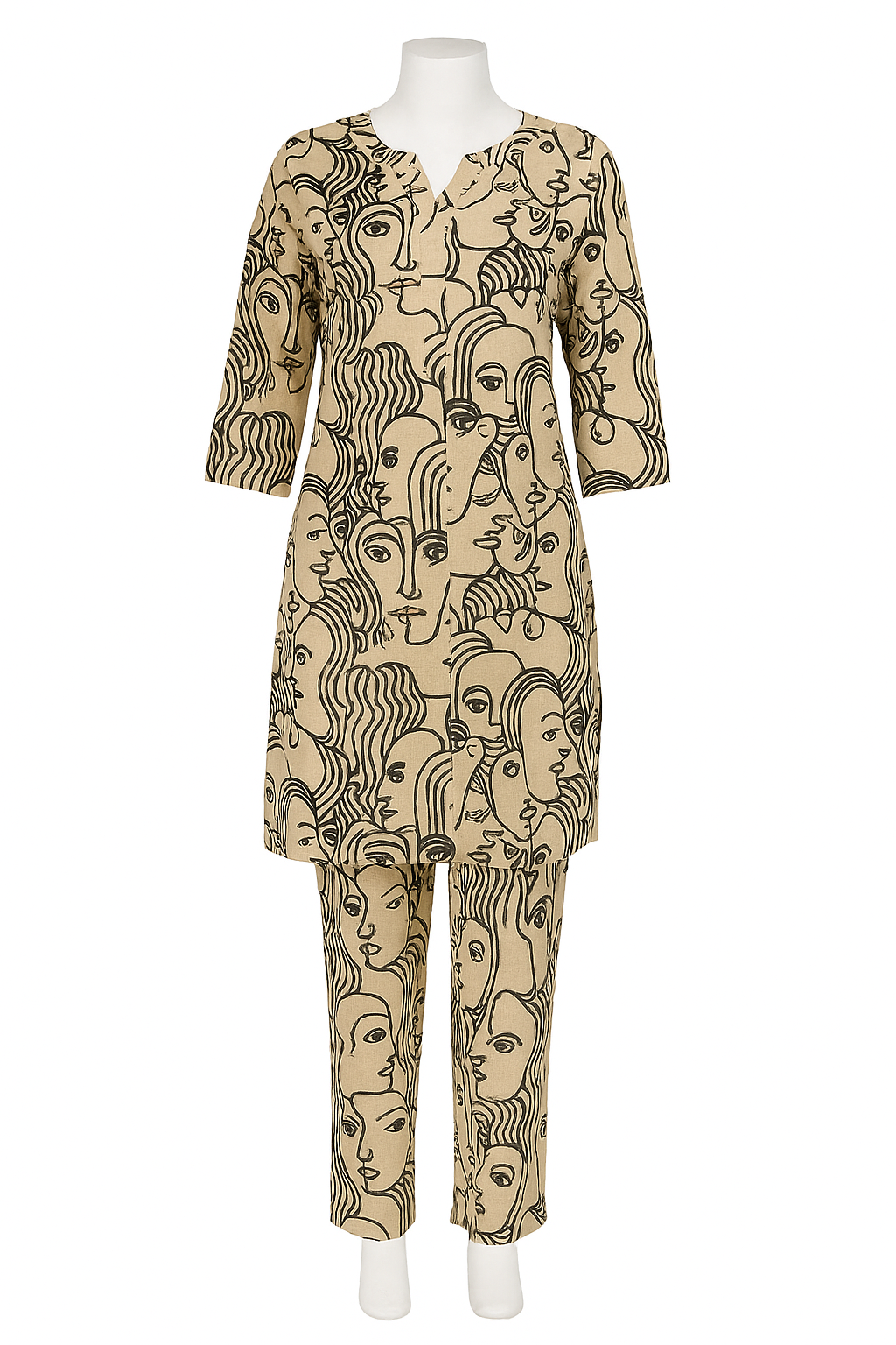 Beige Abstract Face Print Co-Ord Set