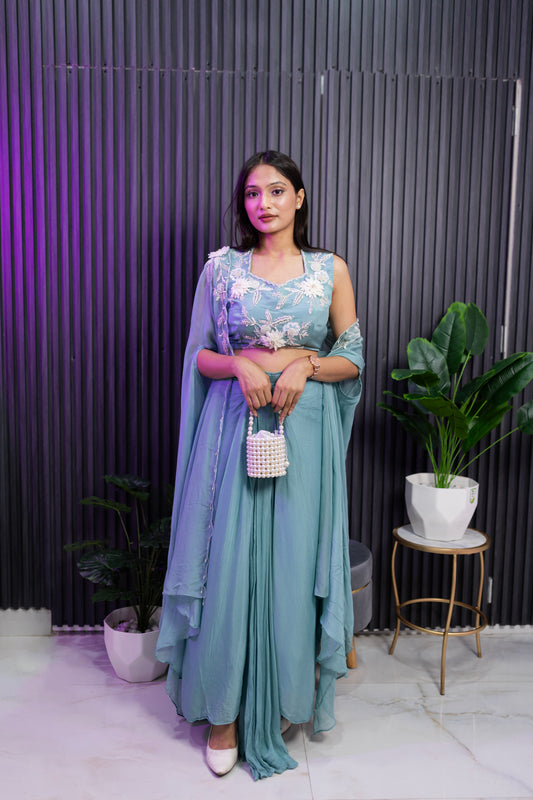 Elegant Teal Blue Embroidered Sharara Set