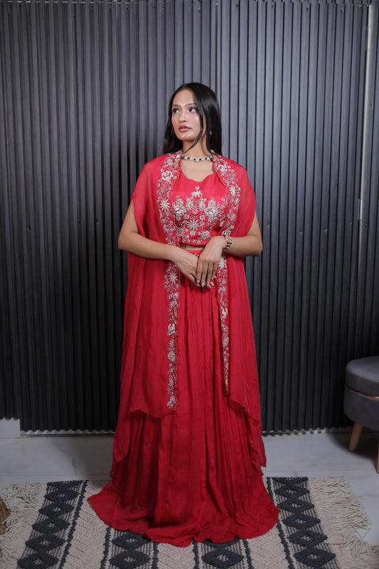 Scarlet Blossom Embroidered Lehenga Set