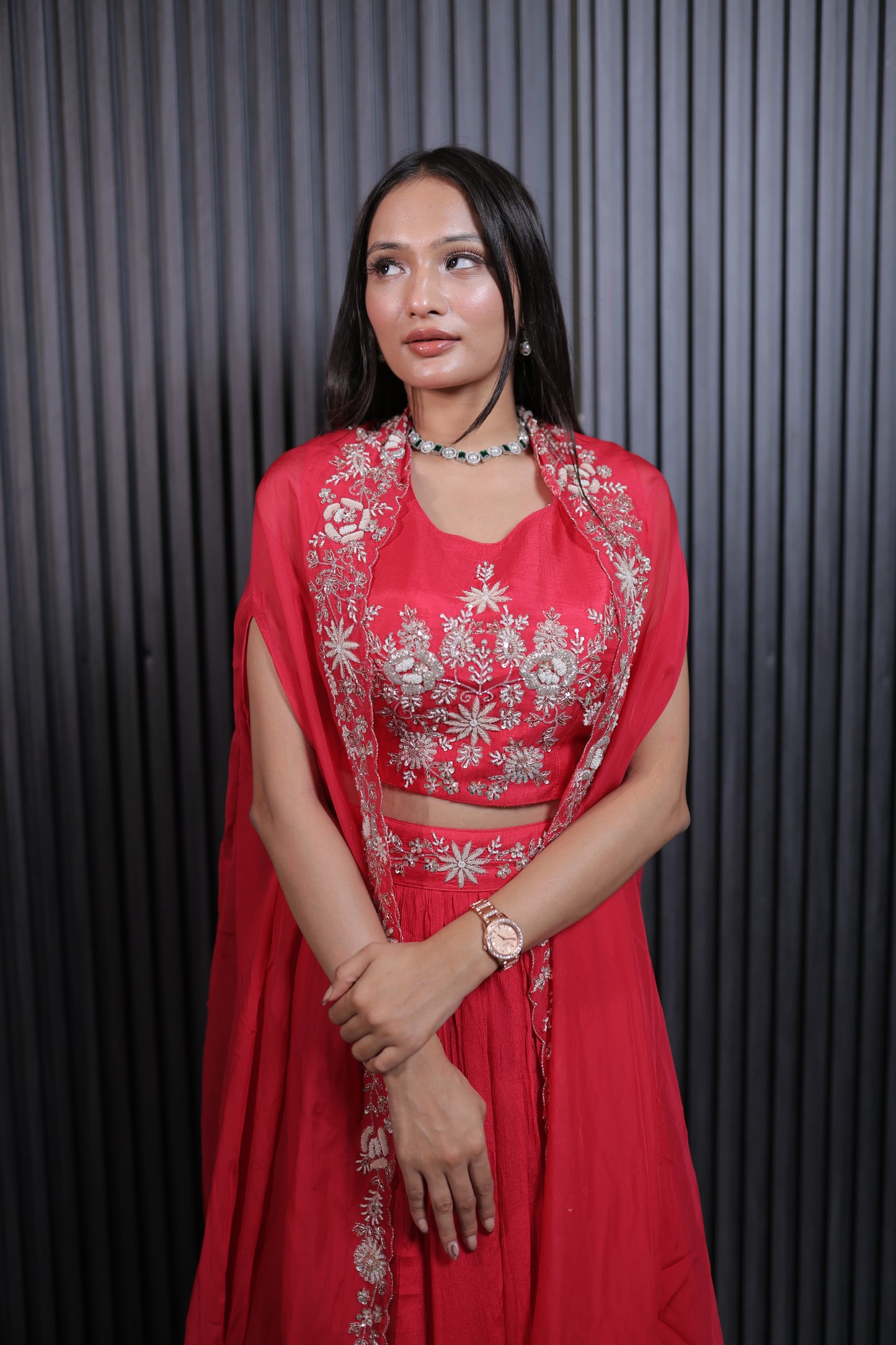 Scarlet Blossom Embroidered Lehenga Set