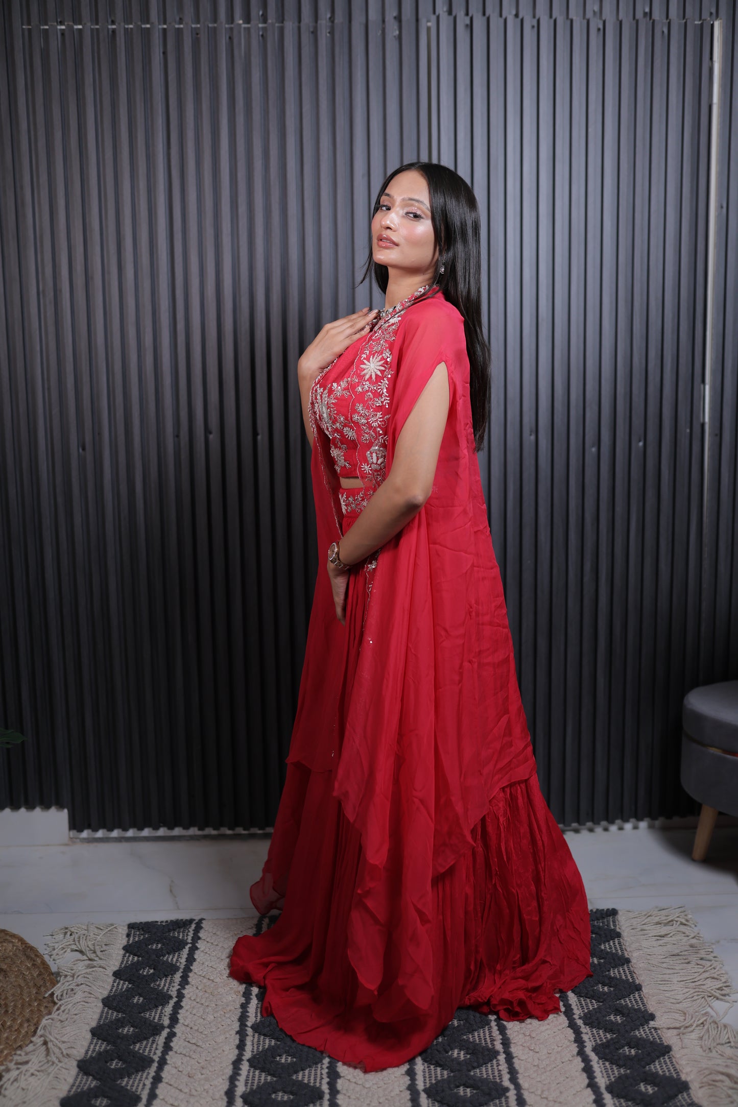 Scarlet Blossom Embroidered Lehenga Set