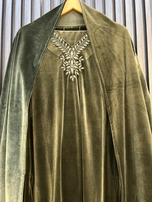 Olive Green Velvet Embroidered Suit Set