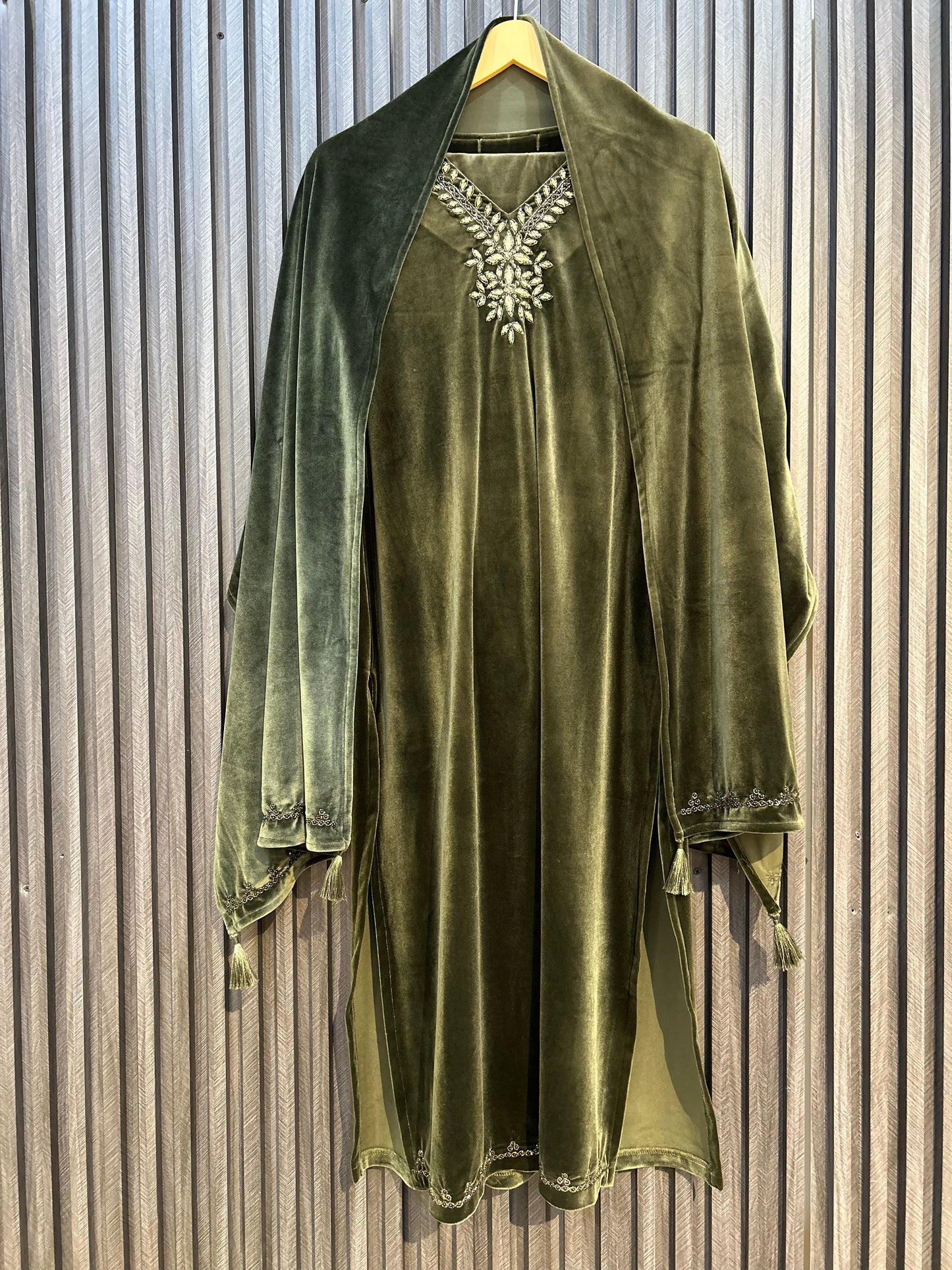 Olive Green Velvet Embroidered Suit Set