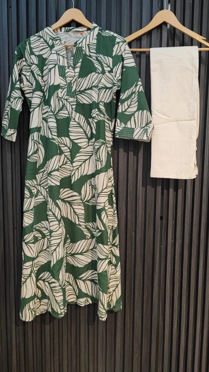 Green Leaf Print Kurta Set