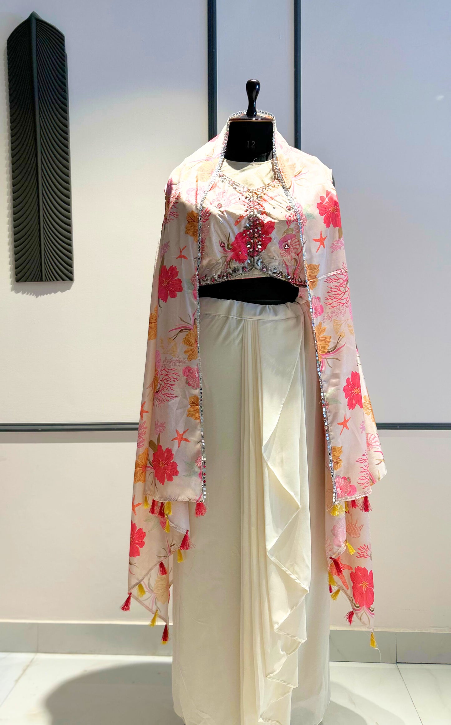 Floral Embroidered Cape & Drape Skirt Set