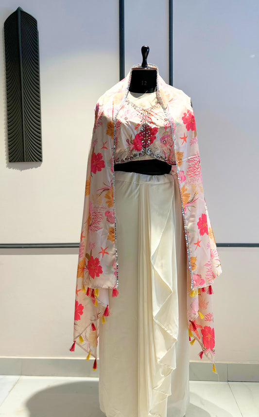 Floral Embroidered Cape & Drape Skirt Set