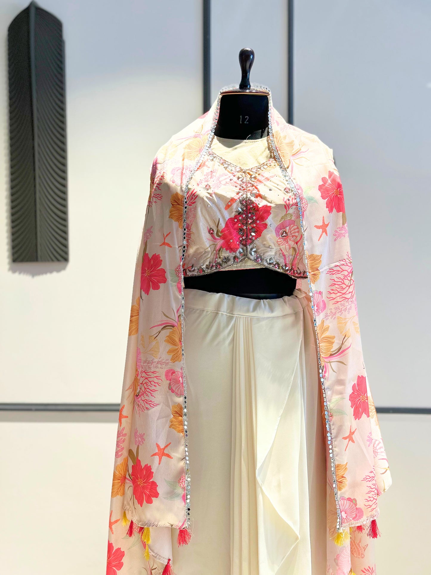 Floral Embroidered Cape & Drape Skirt Set