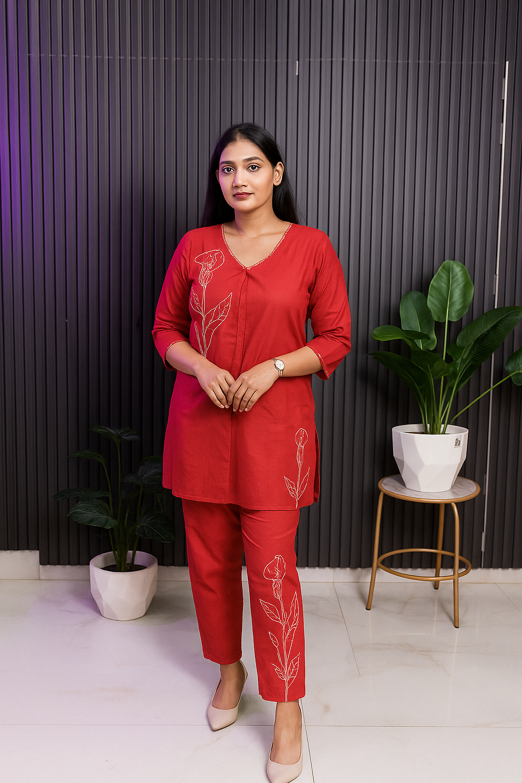 Elegant Red Floral Embroidered Cotton Co-Ord Set