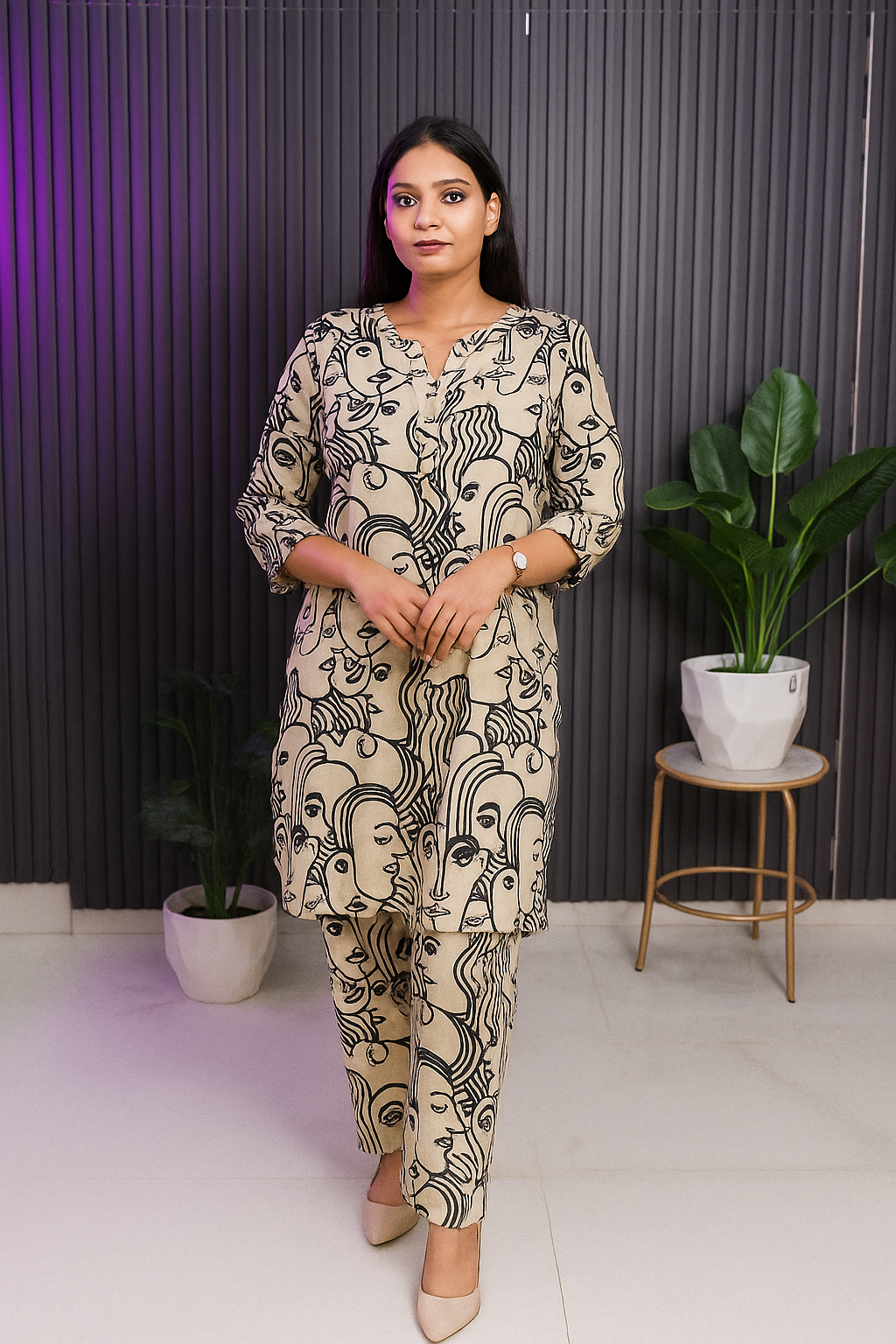 Beige Abstract Face Print Co-Ord Set