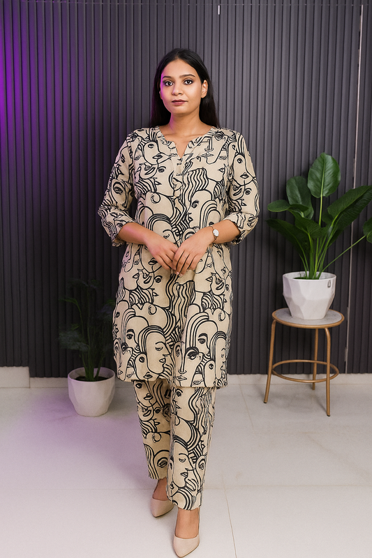 Beige Abstract Face Print Co-Ord Set