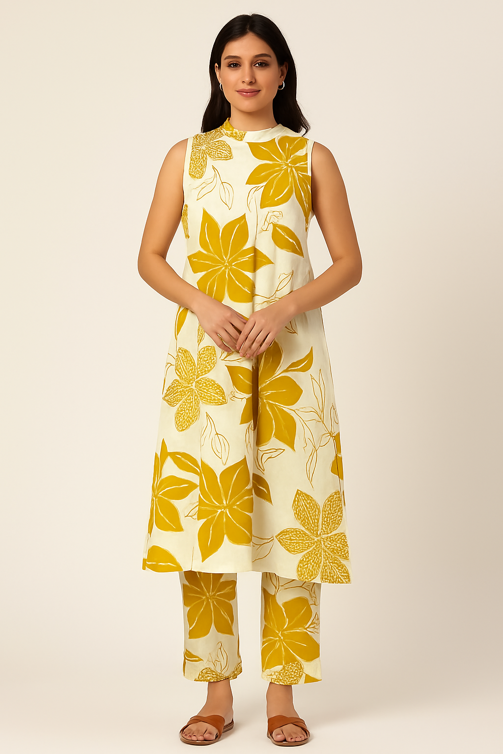 Mustard Floral Sleeveless Co-Ord Set