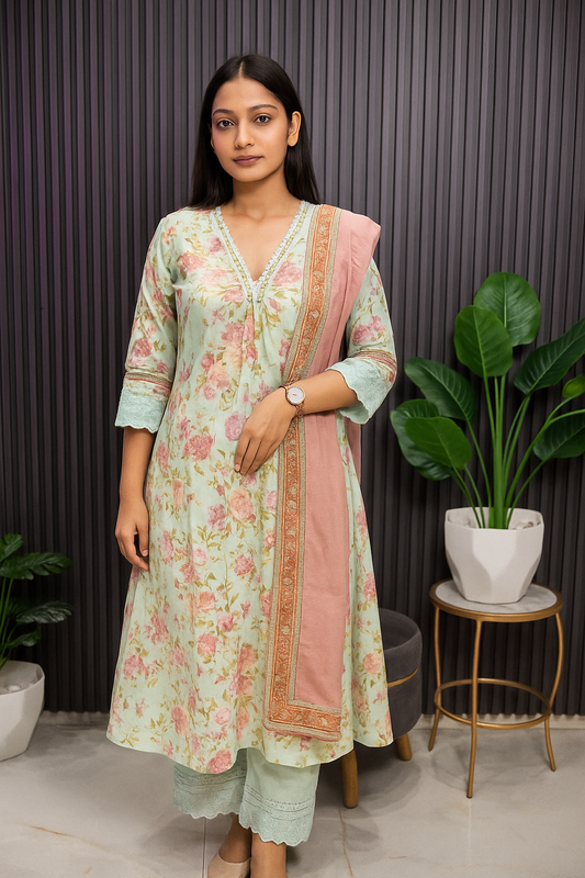 Pastel Green Floral Kurta Set with Peach Dupatta