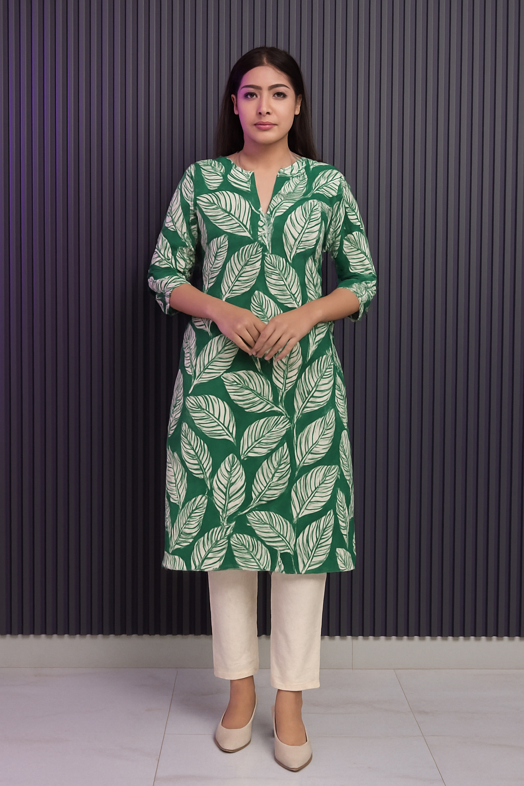Green Leaf Print Kurta Set