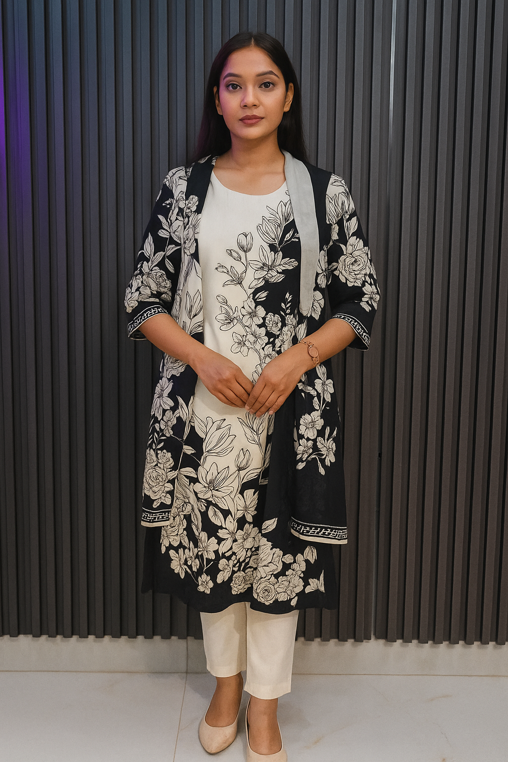 Ivory & Black Floral Kurta Set with Printed Dupatta